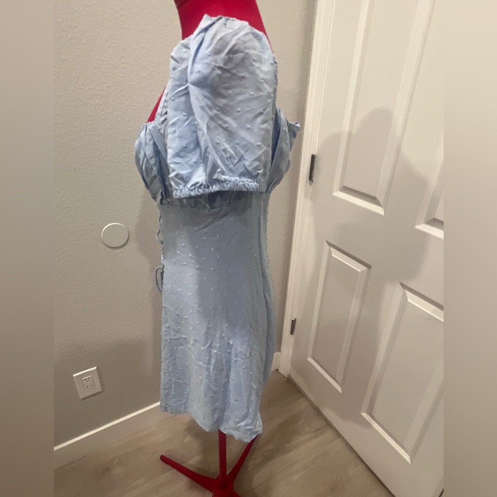 Light Blue Puff Sleeve Tie-Front Summer Dress - Picture 12 of 16